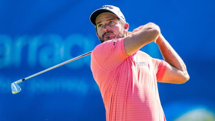 Jul 31, 2020; Truckee, CA, USA; Sam Saunders hits the 15th hole tee during the second round of the Barracuda Championship golf tournament at Old Greenwood. 