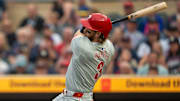 Jul 22, 2024; Minneapolis, Minnesota, USA; Philadelphia Phillies first baseman Bryce Harper (3) hits a two run home run against the Minnesota Twins in the first inning at Target Field.