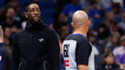 Oct 12, 2025; Orlando, Florida, USA; Miami Heat center Bam Adebayo (13) talks with NBA referee Jacyn Goble during a timeout against the Orlando Magic during the first half at Kia Center. Mandatory Credit: Matt Pendleton-Imagn Images