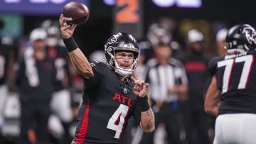 Aug 23, 2024; Atlanta, Georgia, USA; Atlanta Falcons quarterback Taylor Heinicke (4) passes the ball against the Jacksonville Jaguars during the first half at Mercedes-Benz Stadium. Mandatory Credit: Dale Zanine-USA TODAY Sports