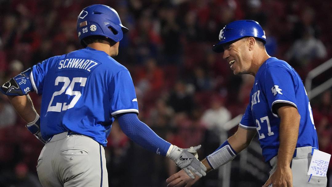 Kentucky’s Ryan Schwartz celebrates hitting a home run with manager Nick Mingione against Louisville at Jim Patterson Stadium in the 119th Battle of the Bluegrass.
April 21, 2026