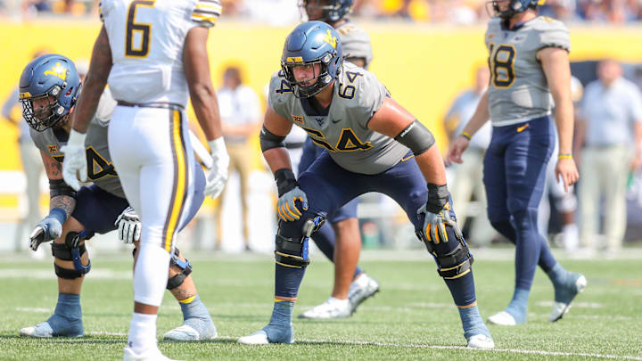 West Virginia Mountaineers offensive lineman Wyatt Milum during the second quarter against the Towson Tigers at Mountaineer Field at Milan Puskar Stadium in 2022.