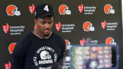 Deshaun Watson meets with the media on the second day of Browns training camp at the Greenbrier Resort in White Sulphur Spring, W. Va.