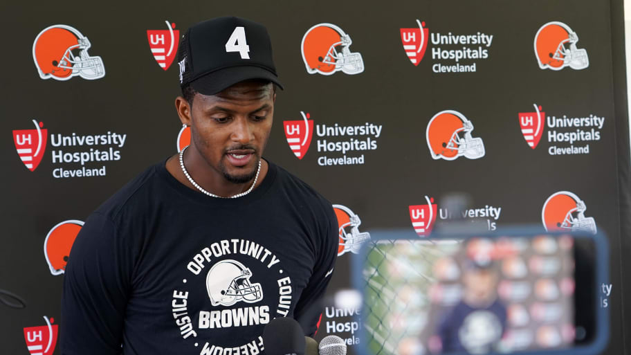 Deshaun Watson meets with the media on the second day of Browns training camp at the Greenbrier Resort in White Sulphur Spring, W. Va. | Spencer German