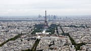 July 26, 2024; Paris, FRANCE; General view of the city and the Eiffel Tower as seen from the Montparnasse observation deck during the Opening Ceremony for the Paris 2024 Olympic Summer Games. Mandatory Credit: Yukihito Taguchi-USA TODAY Sports