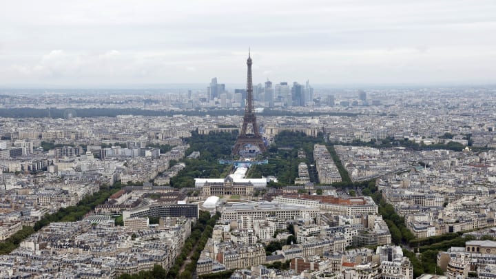 July 26, 2024; Paris, FRANCE; General view of the city and the Eiffel Tower as seen from the Montparnasse observation deck during the Opening Ceremony for the Paris 2024 Olympic Summer Games. Mandatory Credit: Yukihito Taguchi-USA TODAY Sports