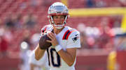 Patriots quarterback Drake Maye during warms up before a game against the 49ers.