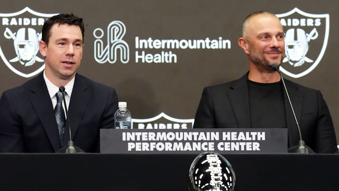 Feb 10, 2026; Henderson, NV, USA; Las Vegas Raiders coach Klint Kubiak (left) and general manager John Spytek at introductory press conference at Intermountain Health Performance Center. Mandatory Credit: Kirby Lee-Imagn Images