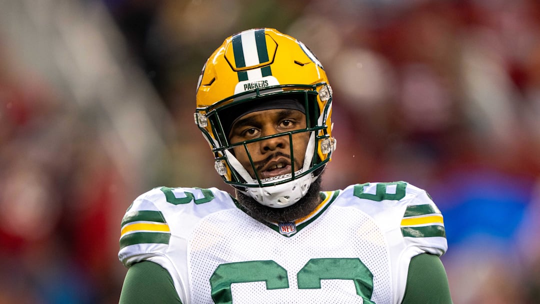 January 20, 2024; Santa Clara, CA, USA; Green Bay Packers offensive tackle Rasheed Walker (63) before a 2024 NFC divisional round game against the San Francisco 49ers at Levi's Stadium. Mandatory Credit: Kyle Terada-Imagn Images
