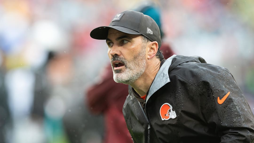 Oct 19, 2025; Cleveland, Ohio, USA; Cleveland Browns head coach Kevin Stefanski watches game play against the Miami Dolphins during the second quarter at Huntington Bank Field. Mandatory Credit: Scott Galvin-Imagn Images