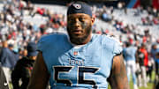 Oct 19, 2025; Nashville, Tennessee, USA;  Tennessee Titans offensive tackle JC Latham (55) walks off the field post game against the New England Patriots at Nissan Stadium. Mandatory Credit: Steve Roberts-Imagn Images