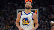 Mar 8, 2025; San Francisco, California, USA; Golden State Warriors guard Stephen Curry (30) smiles during a game against the Detroit Pistons in the fourth quarter at Chase Center. Mandatory Credit: David Gonzales-Imagn Images