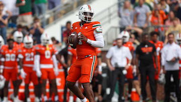 Nov 9, 2024; Atlanta, Georgia, USA; Miami Hurricanes quarterback Cam Ward (1) drops back to pass against the Georgia Tech Yellow Jackets in the second quarter at Bobby Dodd Stadium at Hyundai Field. Mandatory Credit: Brett Davis-Imagn Images