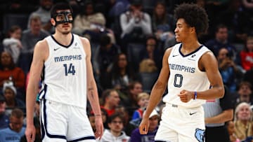 Jan 25, 2025; Memphis, Tennessee, USA; Memphis Grizzlies forward Jaylen Wells (0) react during the third quarter against the Utah Jazz at FedExForum. Mandatory Credit: Petre Thomas-Imagn Images