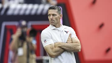Aug 17, 2024; Houston, Texas, USA; Houston Texans general manager Nick Caserio on the field before the game against the New York Giants at NRG Stadium. Mandatory Credit: Troy Taormina-Imagn Images