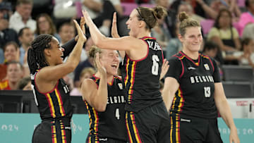 Aug 7, 2024; Paris, France; Belgium small forward Antonia Delaere (6) celebrates with teammates in the fourth quarter against Spain during the Paris 2024 Olympic Summer Games at Accor Arena. Mandatory Credit: Kyle Terada-Imagn Images