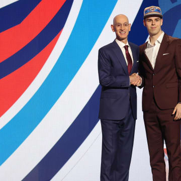 Jun 26, 2024; Brooklyn, NY, USA; Nikola Topic poses for photos with NBA commissioner Adam Silver after being selected in the first round by the Oklahoma City Thunder in the 2024 NBA Draft at Barclays Center. Mandatory Credit: Brad Penner-USA TODAY Sports