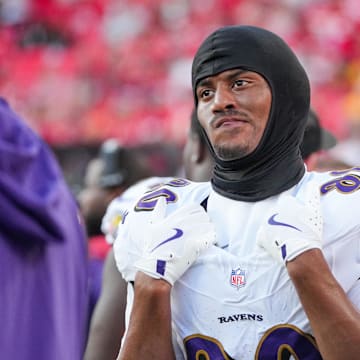 Sep 28, 2025; Kansas City, Missouri, USA; Baltimore Ravens tight end Isaiah Likely (80) on the sidelines against the Baltimore Ravens during the game at GEHA Field at Arrowhead Stadium. Mandatory Credit: Denny Medley-Imagn Images
