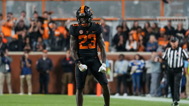 Tennessee defensive back Boo Carter (23) celebrates after a tackle during a NCAA football game between Tennessee and Kentucky in Neyland Stadium on Saturday, Nov. 2, 2024.