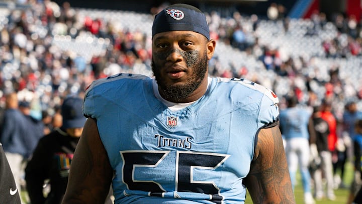 Oct 19, 2025; Nashville, Tennessee, USA;  Tennessee Titans offensive tackle JC Latham (55) walks off the field post game against the New England Patriots at Nissan Stadium. Mandatory Credit: Steve Roberts-Imagn Images