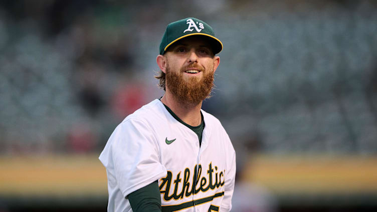 Apr 12, 2024; Oakland, California, USA; Oakland Athletics starting pitcher Paul Blackburn (58) walks