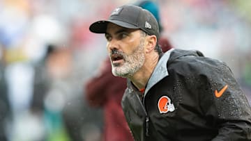Oct 19, 2025; Cleveland, Ohio, USA; Cleveland Browns head coach Kevin Stefanski watches game play against the Miami Dolphins during the second quarter at Huntington Bank Field. Mandatory Credit: Scott Galvin-Imagn Images