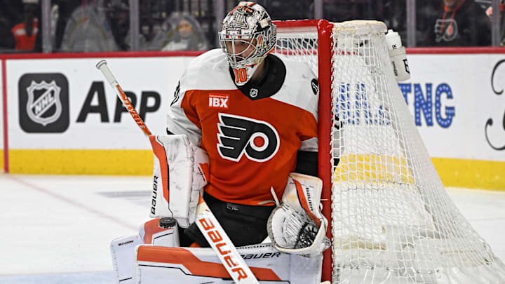 Feb 5, 2026; Philadelphia, Pennsylvania, USA; Philadelphia Flyers goaltender Dan Vladar (80) makes a save against the Ottawa Senators during the second period at Xfinity Mobile Arena. Mandatory Credit: Eric Hartline-Imagn Images