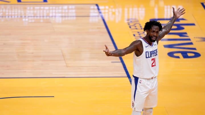 Jan 6, 2021; San Francisco, California, USA; Los Angeles Clippers guard Patrick Beverley (21) waits for the ball to be inbounded against the Golden State Warriors in the third quarter at the Chase Center. 