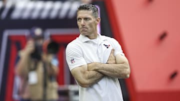 Aug 17, 2024; Houston, Texas, USA; Houston Texans general manager Nick Caserio on the field before the game against the New York Giants at NRG Stadium. Mandatory Credit: Troy Taormina-Imagn Images