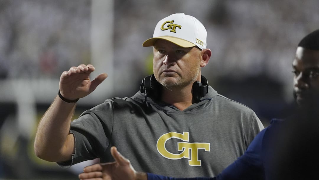 Boulder, Colorado, USA; Georgia Tech Yellow Jackets head coach Brent Key following the game winning touchdown by quarterback Haynes King in the fourth quarter against the Colorado Buffaloes at Folsom Field.