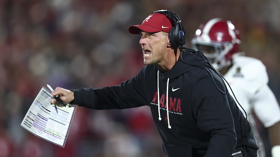 Crimson Tide head coach Kalen DeBoer reacts in the first half against the Sooners.