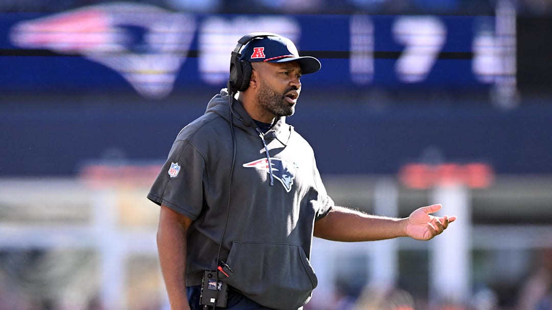 Oct 27, 2024; Foxborough, Massachusetts, USA; New England Patriots head coach Jerod Mayo calls a play against the New York Jets during the first half at Gillette Stadium. Mandatory Credit: Brian Fluharty-Imagn Images