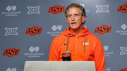 Oklahoma State offensive coordinator Doug Meacham speaks during a press conference at Boone Pickens Stadium in Stillwater Okla., on Thursday, Jan. 23, 2025.