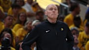 May 27, 2025; Indianapolis, Indiana, USA; Indiana Pacers head coach Rick Carlisle watches play downcourt during the second quarter against the New York Knicks of game four of the eastern conference finals for the 2025 NBA Playoffs at Gainbridge Fieldhouse. Mandatory Credit: Trevor Ruszkowski-Imagn Images