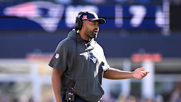 Oct 27, 2024; Foxborough, Massachusetts, USA; New England Patriots head coach Jerod Mayo calls a play against the New York Jets during the first half at Gillette Stadium. Mandatory Credit: Brian Fluharty-Imagn Images