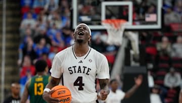 Mar 21, 2025; Raleigh, NC, USA; Mississippi State Bulldogs forward Cameron Matthews (4) reacts during the second half against the Baylor Bears in the first round of the NCAA Tournament at Lenovo Center. Mandatory Credit: Bob Donnan-Imagn Images