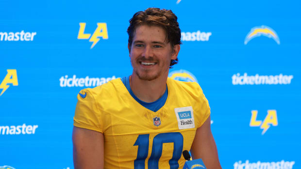 Los Angeles Chargers quarterback Justin Herbert (10) speaks to the media after the first day of training camp at The Bolt.