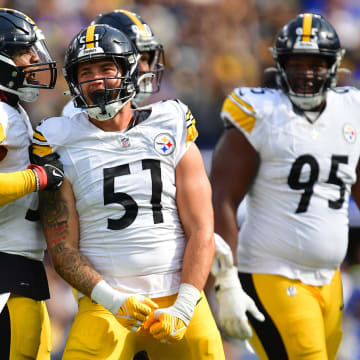 Oct 22, 2023; Inglewood, California, USA; Pittsburgh Steelers linebacker Nick Herbig (51) reacts after sacking Los Angeles Rams quarterback Matthew Stafford (9) during the first half at SoFi Stadium. Mandatory Credit: Gary A. Vasquez-USA TODAY Sports