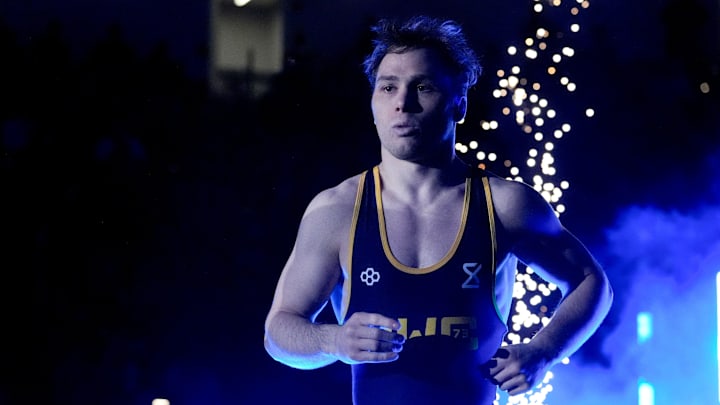 Spencer Lee in announced during an exhibition match against Masanosuke Ono at the “FloWrestling Night in America” event Wednesday, Feb. 26, 2025 at Xtream Arena in Coralville, Iowa.