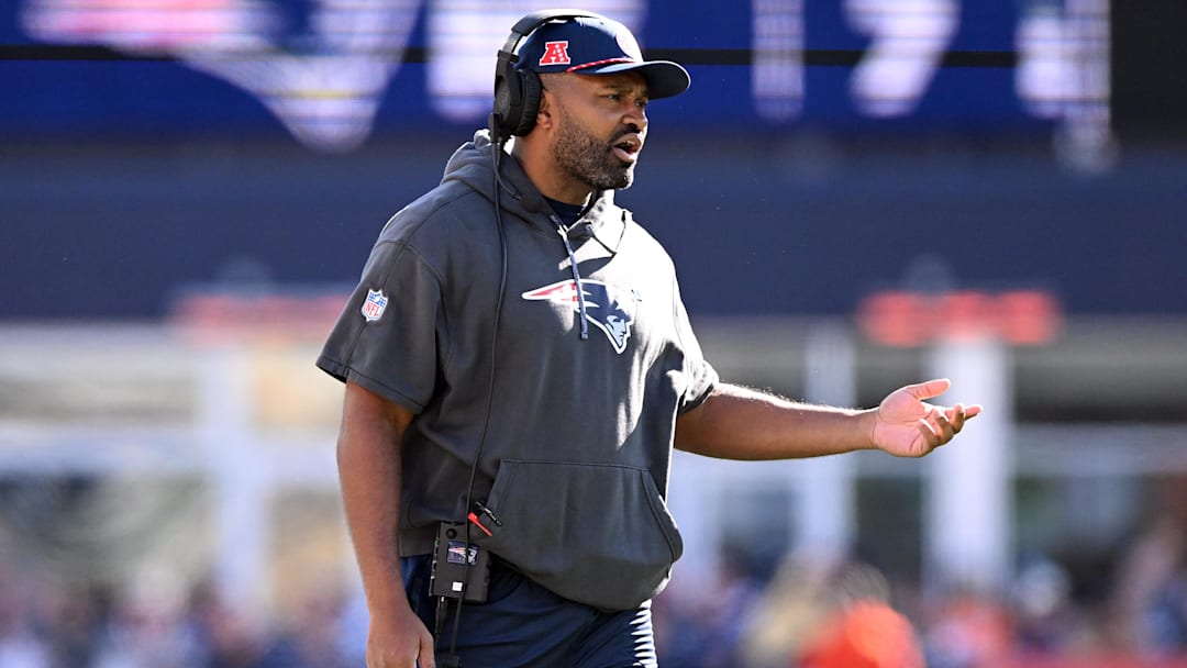 Oct 27, 2024; Foxborough, Massachusetts, USA; New England Patriots head coach Jerod Mayo calls a play against the New York Jets during the first half at Gillette Stadium. Mandatory Credit: Brian Fluharty-Imagn Images