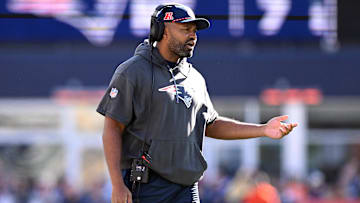 Oct 27, 2024; Foxborough, Massachusetts, USA; New England Patriots head coach Jerod Mayo calls a play against the New York Jets during the first half at Gillette Stadium. Mandatory Credit: Brian Fluharty-Imagn Images