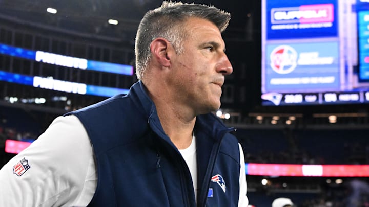 New England Patriots head coach Mike Vrabel walks off the field after a game against the Washington Commanders at Gillette Stadium.