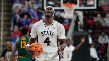 Mar 21, 2025; Raleigh, NC, USA; Mississippi State Bulldogs forward Cameron Matthews (4) reacts during the second half against the Baylor Bears in the first round of the NCAA Tournament at Lenovo Center. Mandatory Credit: Bob Donnan-Imagn Images
