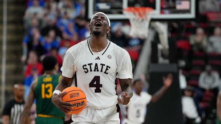 Mar 21, 2025; Raleigh, NC, USA; Mississippi State Bulldogs forward Cameron Matthews (4) reacts during the second half against the Baylor Bears in the first round of the NCAA Tournament at Lenovo Center. Mandatory Credit: Bob Donnan-Imagn Images