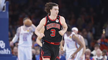 Mar 31, 2025; Oklahoma City, Oklahoma, USA; Chicago Bulls guard Josh Giddey (3) runs down the court after a basket against the Oklahoma City Thunder during the second quarter at Paycom Center. Mandatory Credit: Alonzo Adams-Imagn Images
