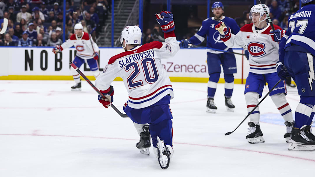Apr 19, 2026; Tampa, Florida, USA; Montreal Canadiens forward Juraj Slafkovsky (20) reacts to scoring a goal against the Tampa Bay Lightning during the second period in game one of the first round of the 2026 Stanley Cup Playoffs at Benchmark International Arena. Mandatory Credit: Morgan Tencza-Imagn Images