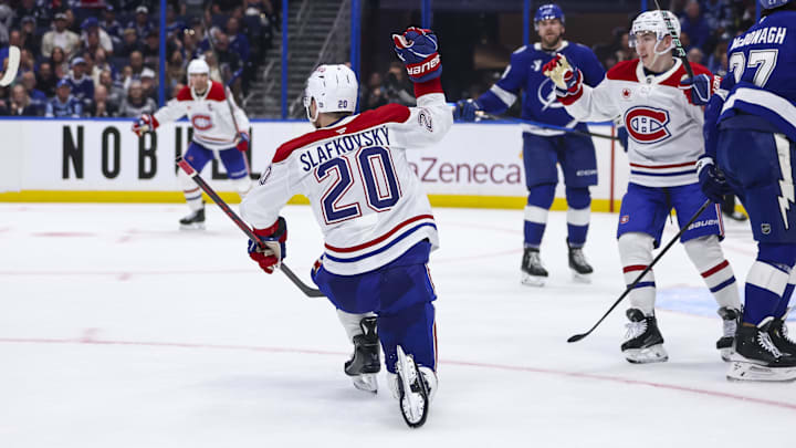 Apr 19, 2026; Tampa, Florida, USA; Montreal Canadiens forward Juraj Slafkovsky (20) reacts to scoring a goal against the Tampa Bay Lightning during the second period in game one of the first round of the 2026 Stanley Cup Playoffs at Benchmark International Arena. Mandatory Credit: Morgan Tencza-Imagn Images