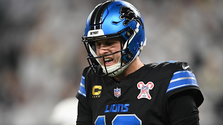 Dec 25, 2025; Minneapolis, Minnesota, USA; Detroit Lions quarterback Jared Goff (16) reacts to throwing an interception against the Minnesota Vikings in the third quarter at U.S. Bank Stadium.