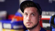 Sep 8, 2025; Atlanta, Georgia, USA; Chicago Cubs right fielder Kyle Tucker (30) in the dugout against the Atlanta Braves in the eighth inning at Truist Park. Mandatory Credit: Brett Davis-Imagn Images