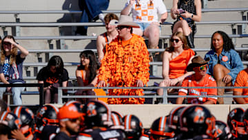 Oklahoma State fans watch before a college football game between the Oklahoma State Cowboys (OSU) and the Houston Cougars at Boone Pickens Stadium in Stillwater, Okla., Saturday, Oct. 11, 2025.